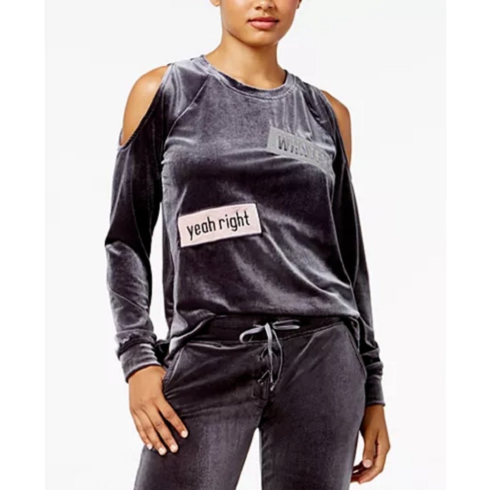 Material Girl Active Juniors' Patches Velour Cold-Shoulder Top, Size Large